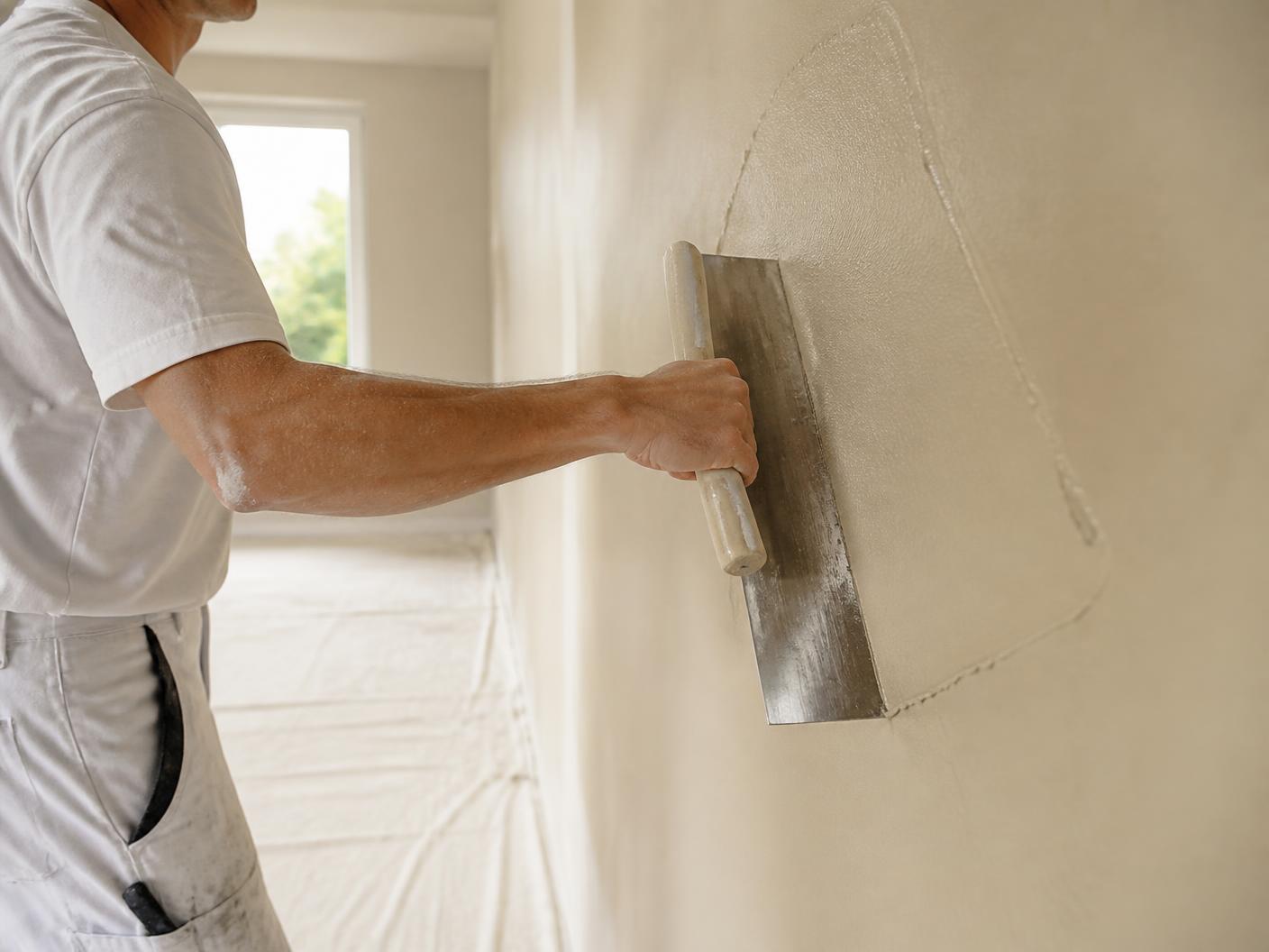 Stukadoor werkt een wand vlak af met een brede spaan in een lege woning